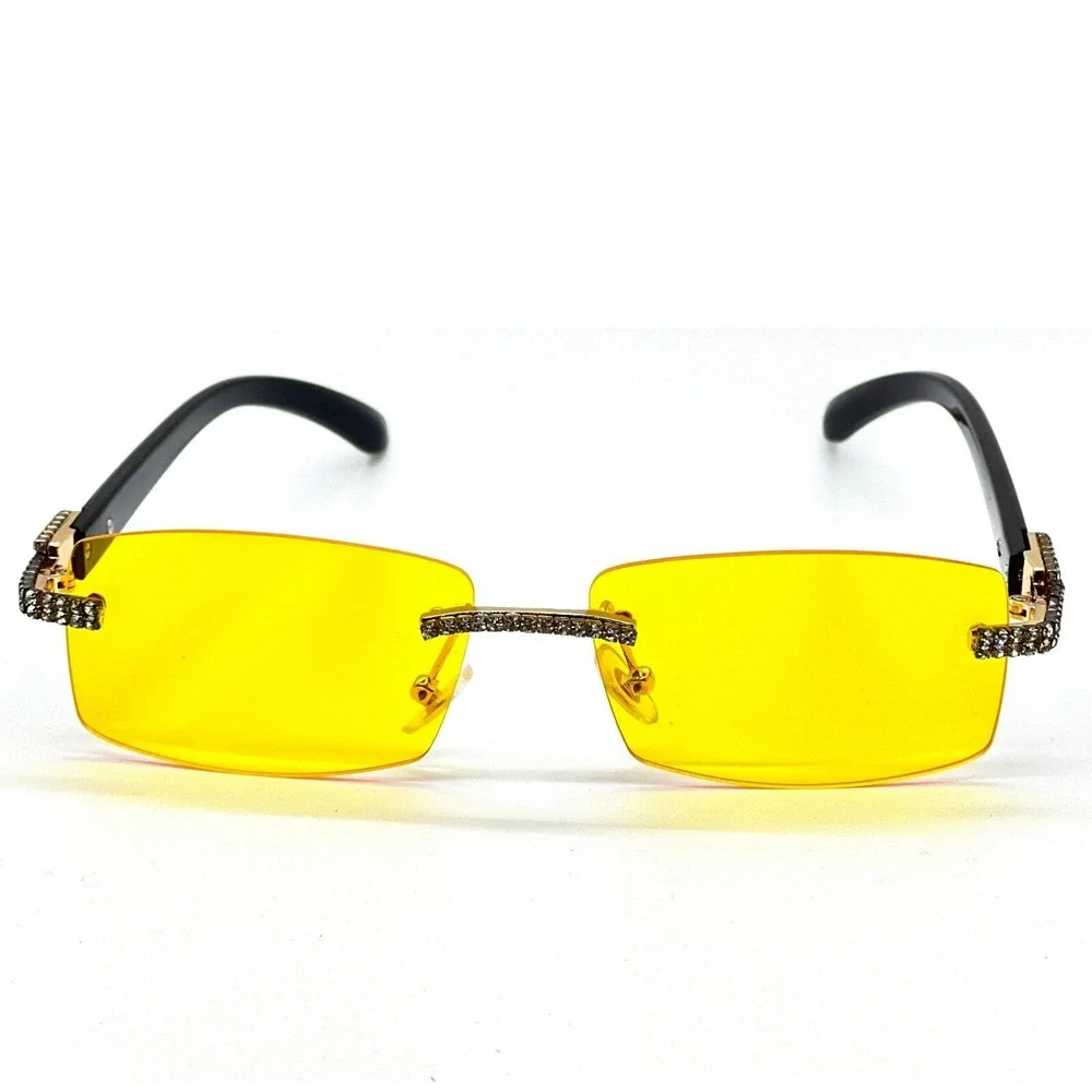 Rhinestone‎ Rimless Sunglasses Yellow Lens Fashion Tinted Glasses Trendy Rapper